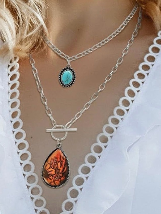 Jewelry - Boho Double-Layer Pendant Necklace with Turquoise and Orange Teardrop